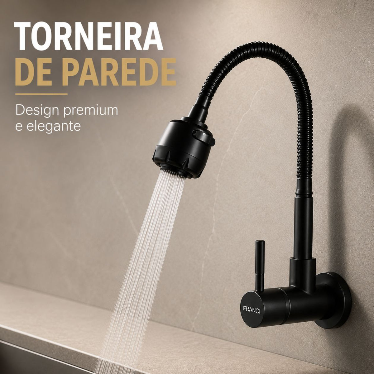 Torneira Parede Gourmet - Modelo Rain - Preta
