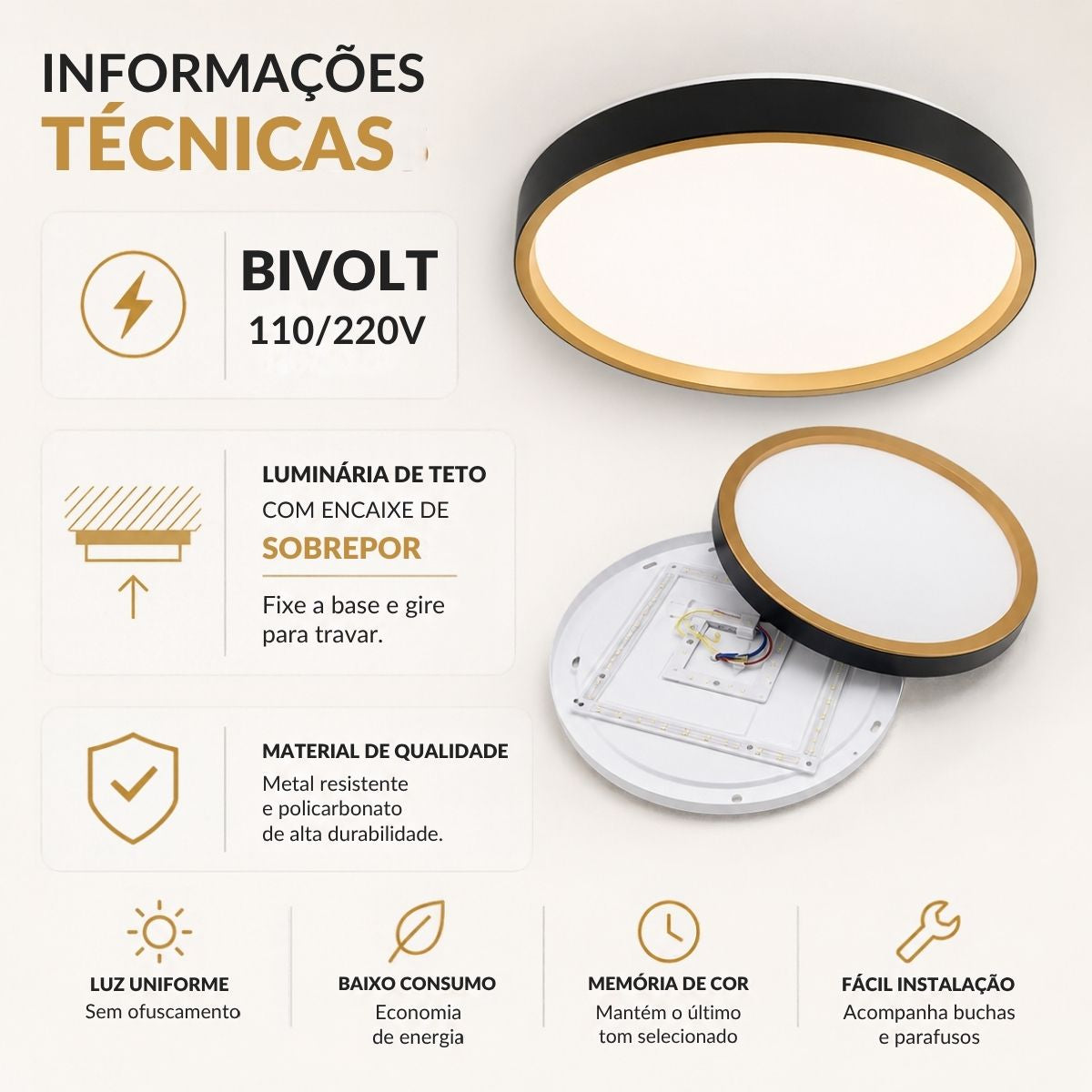 Plafon LED 36W 40cm 3 Tons de Luz com Função Memória