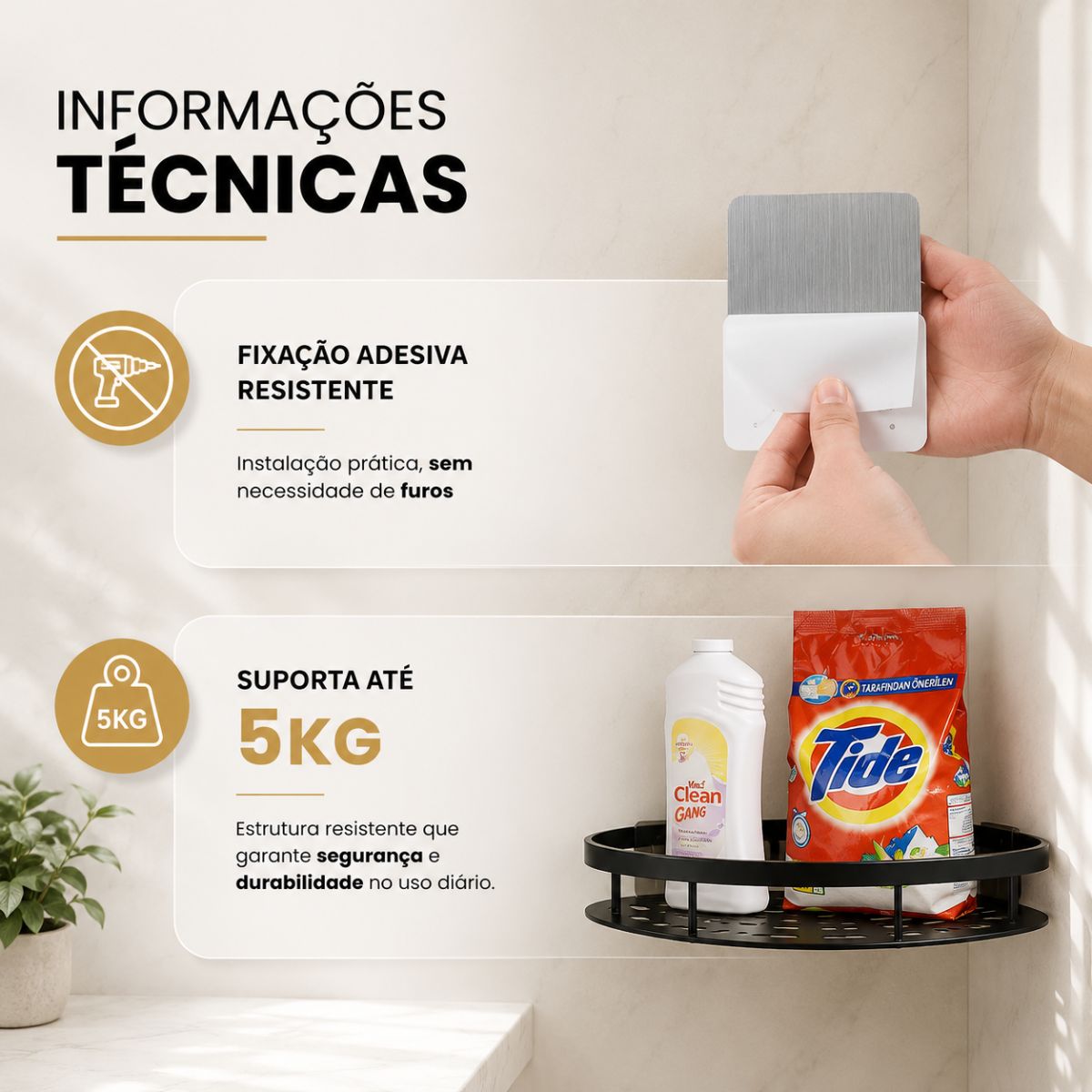 Suporte Triangular Organizador de Alumínio Adesivo ou com Parafusos