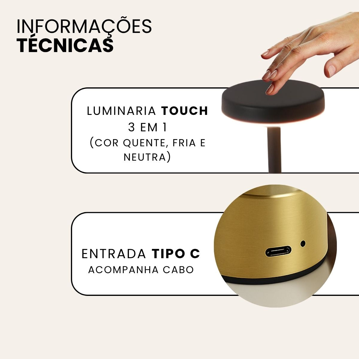 Luminária Abajur LED Recarregável Sem Fio Touch Dimerizável