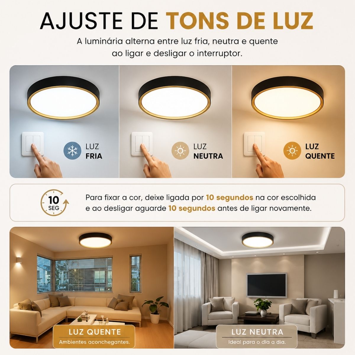 Plafon LED 36W 40cm 3 Tons de Luz com Função Memória