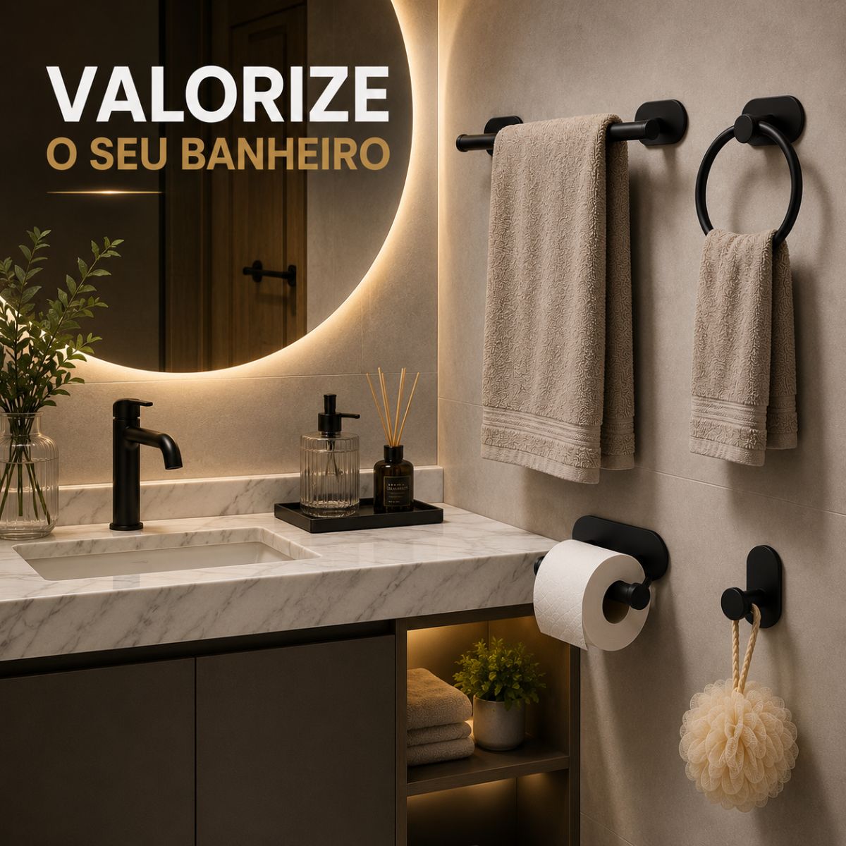 Kit Acessorios Banheiro Preto c/ Adesivo 4pçs