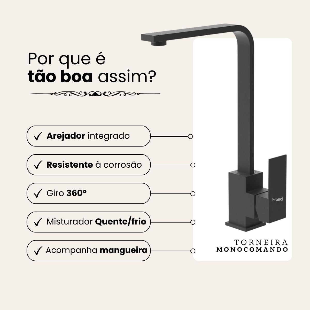 Torneira Bancada Misturador Alta - Modelo Marin - Preta