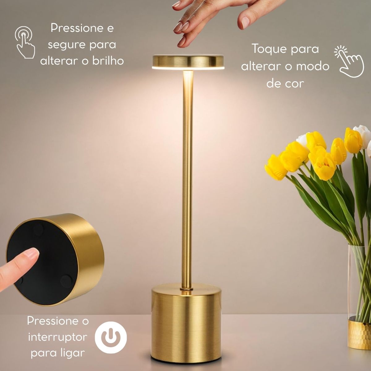 Luminária Abajur LED Recarregável Sem Fio Touch Dimerizável