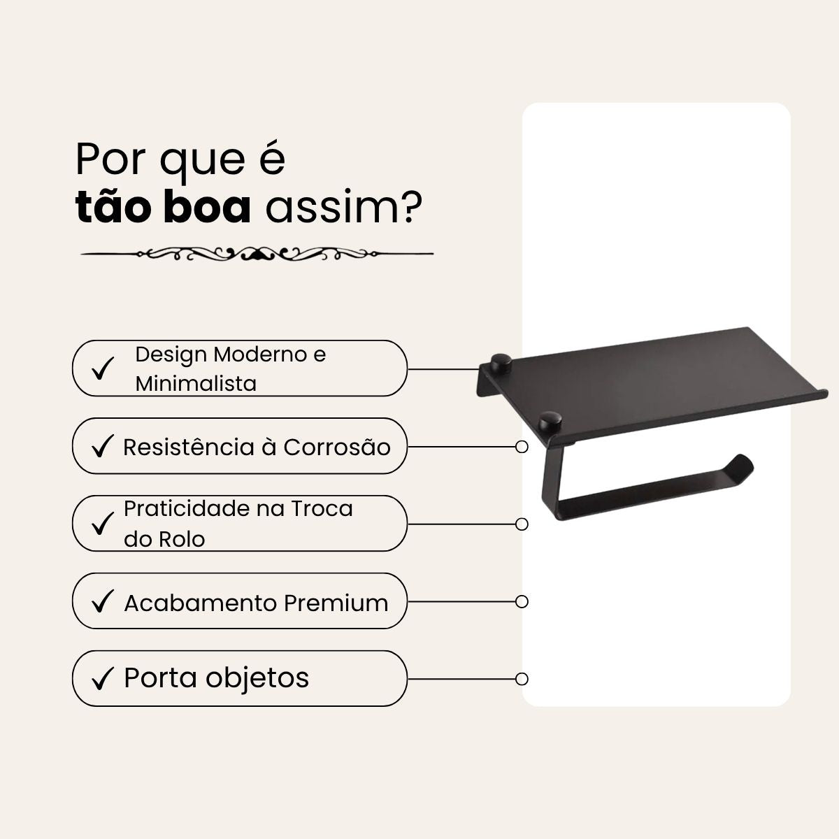 Porta Papel Higiênico Suporte Liso Alumínio - Cor Preto
