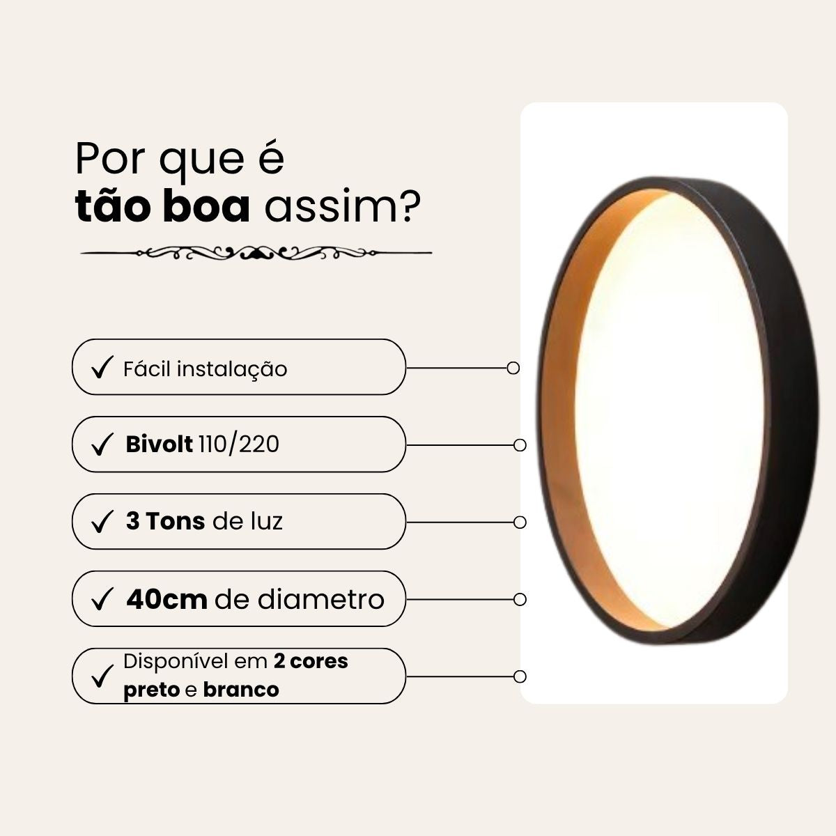 Plafon LED 36W 40cm 3 Tons de Luz com Função Memória
