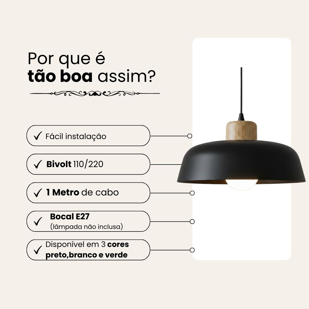 Luminária Pendente Nórdica 30cm em Metal e Madeira E27