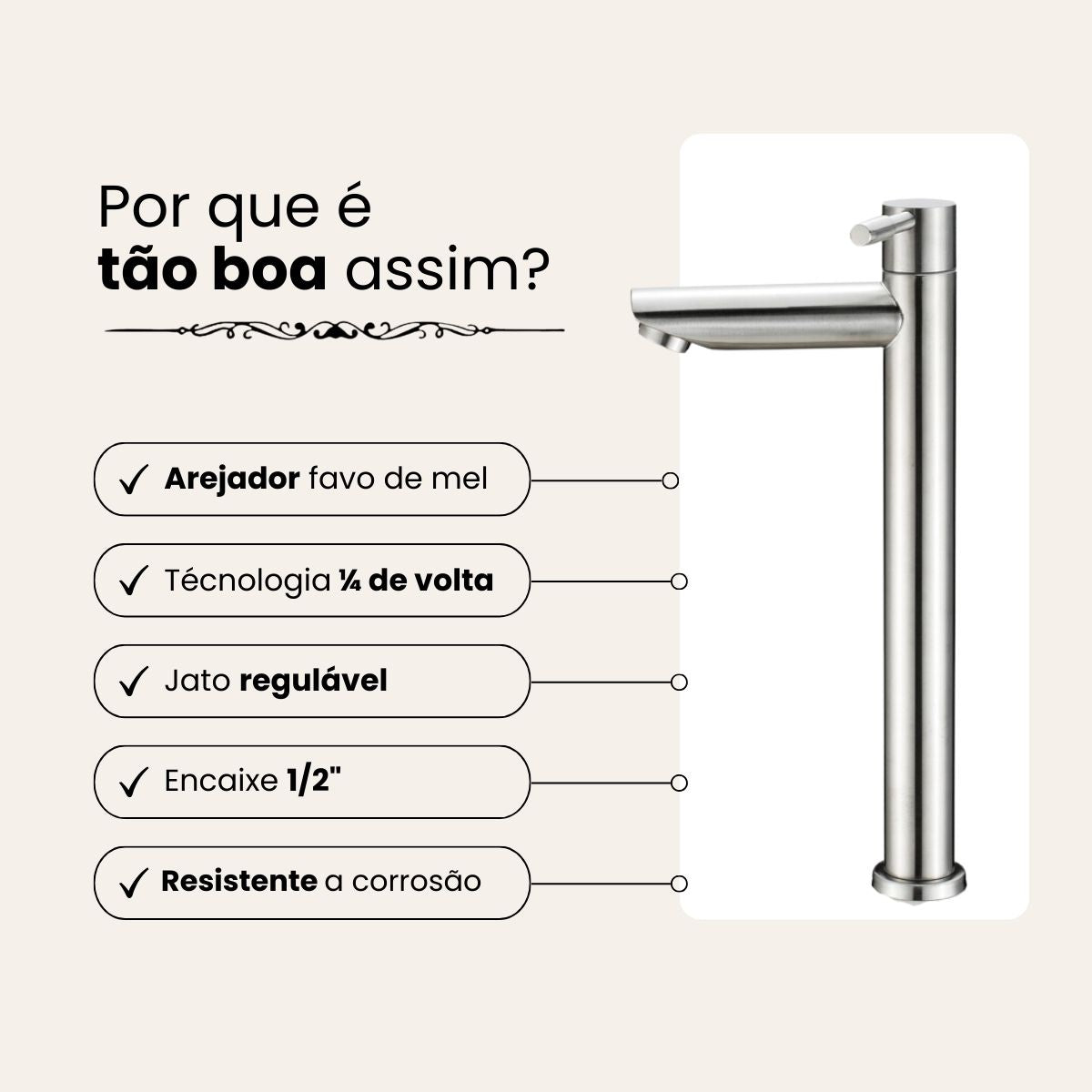 Torneira Bancada Alta - Modelo Parana  - Cromado Fosco