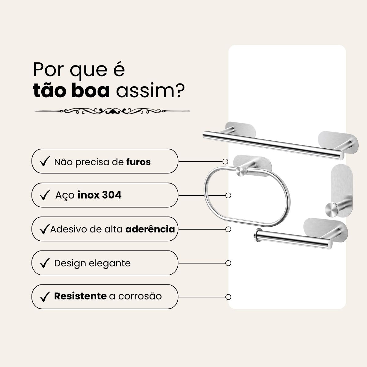 Kit Acessorios Banheiro c/ Adesivo 4pçs - CROMADO FOSCO