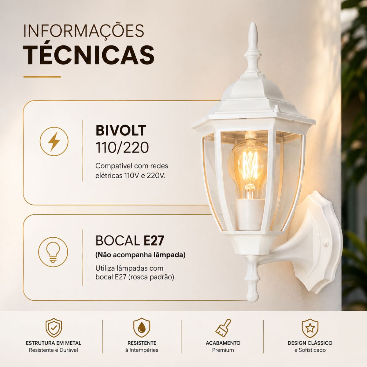 Arandela Colonial de Alumínio e Vidro E27 para Área Externa
