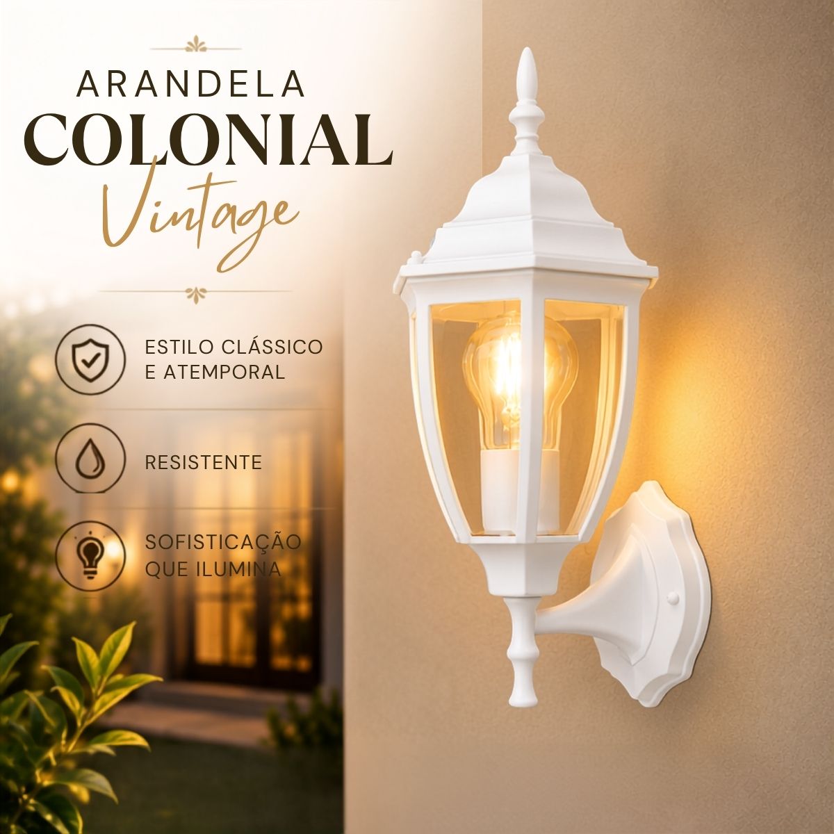 Arandela Colonial de Alumínio e Vidro E27 para Área Externa