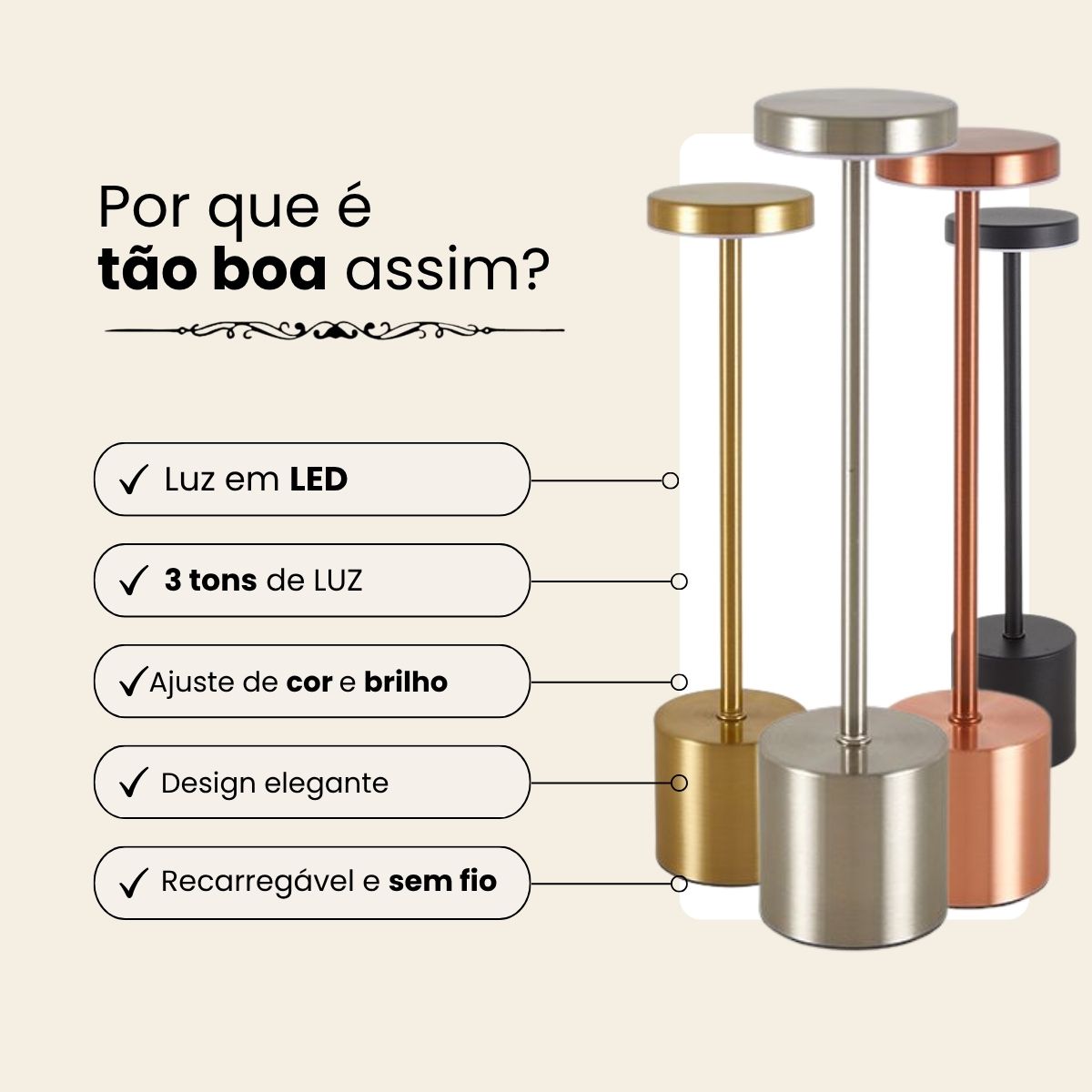 Luminária Abajur LED Recarregável Sem Fio Touch Dimerizável