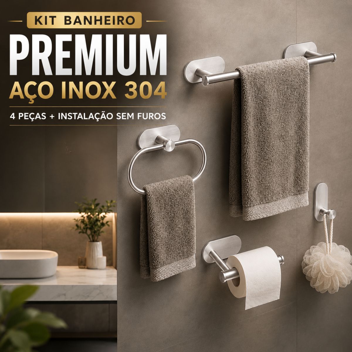 Kit Acessorios Banheiro c/ Adesivo 4pçs - CROMADO FOSCO