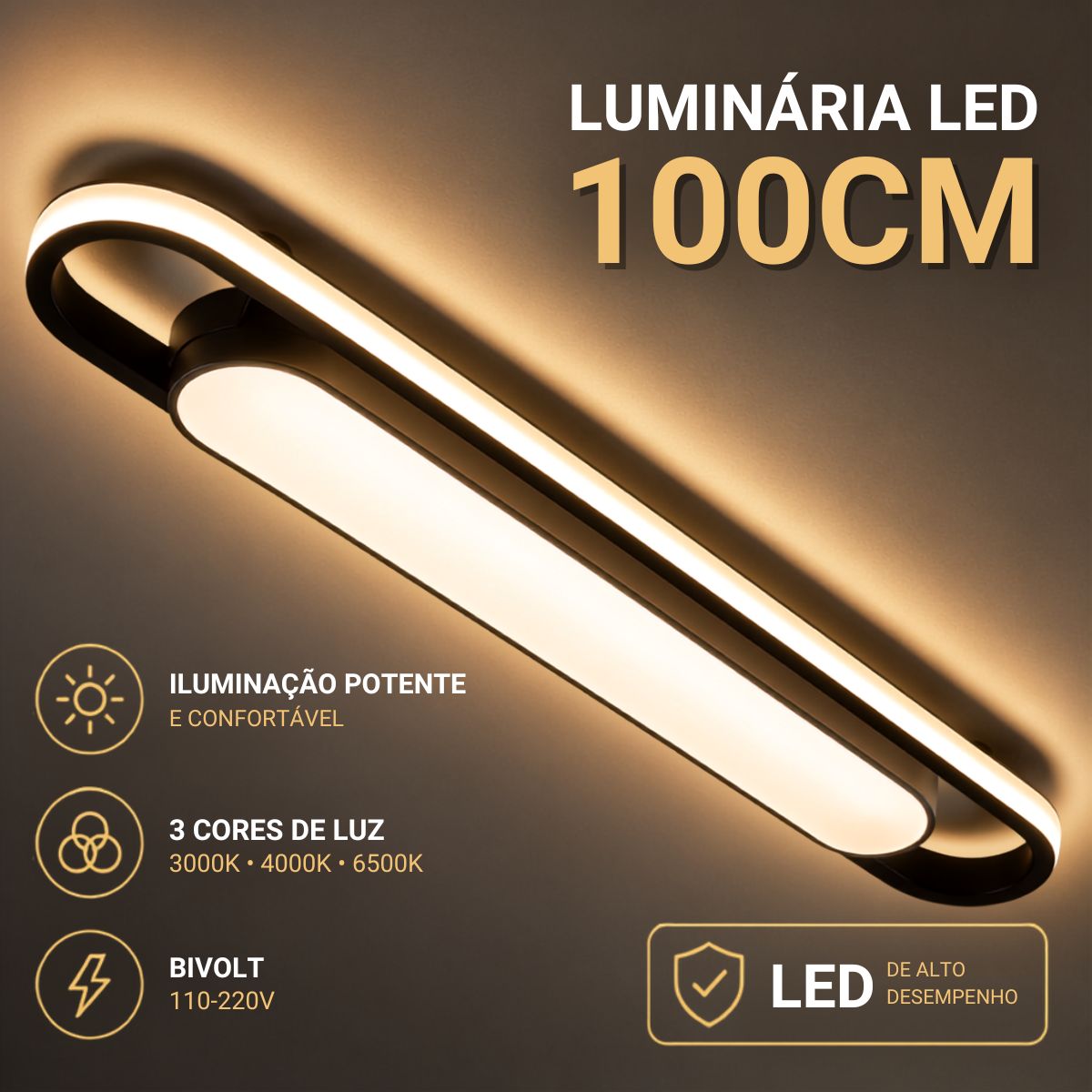 Luminária LED 3 em 1 c/ Difusor Lateral e Central - Modelo Ark 100