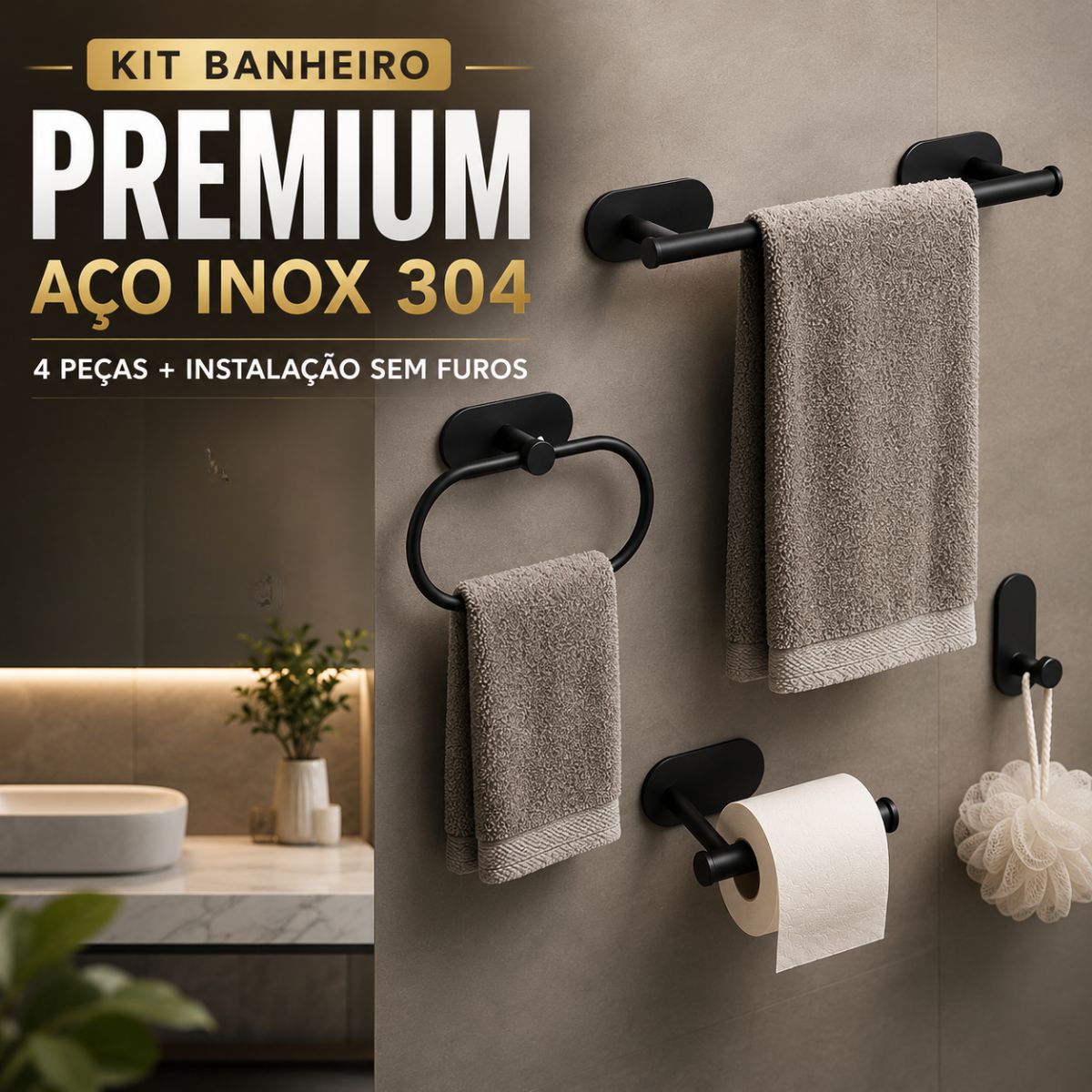 Kit Acessorios Banheiro Preto c/ Adesivo 4pçs