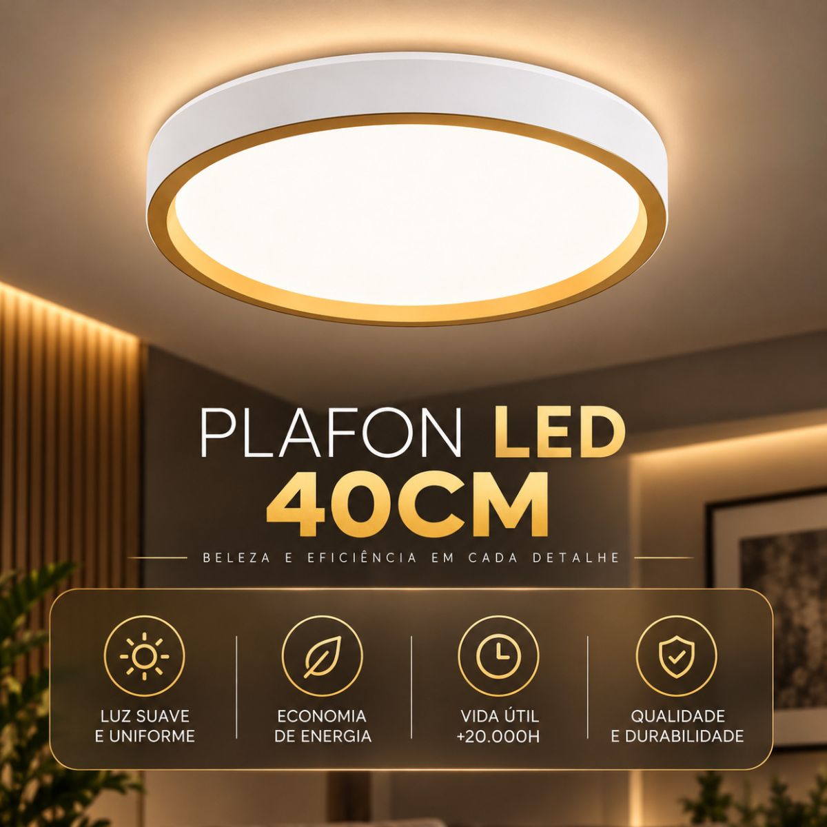 Plafon LED 36W 40cm 3 Tons de Luz com Função Memória