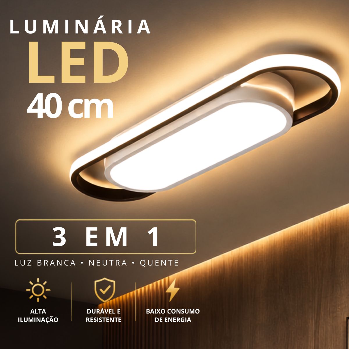 Luminária LED de Teto Modelo Ark 40cm 23W 3 Cores Bivolt