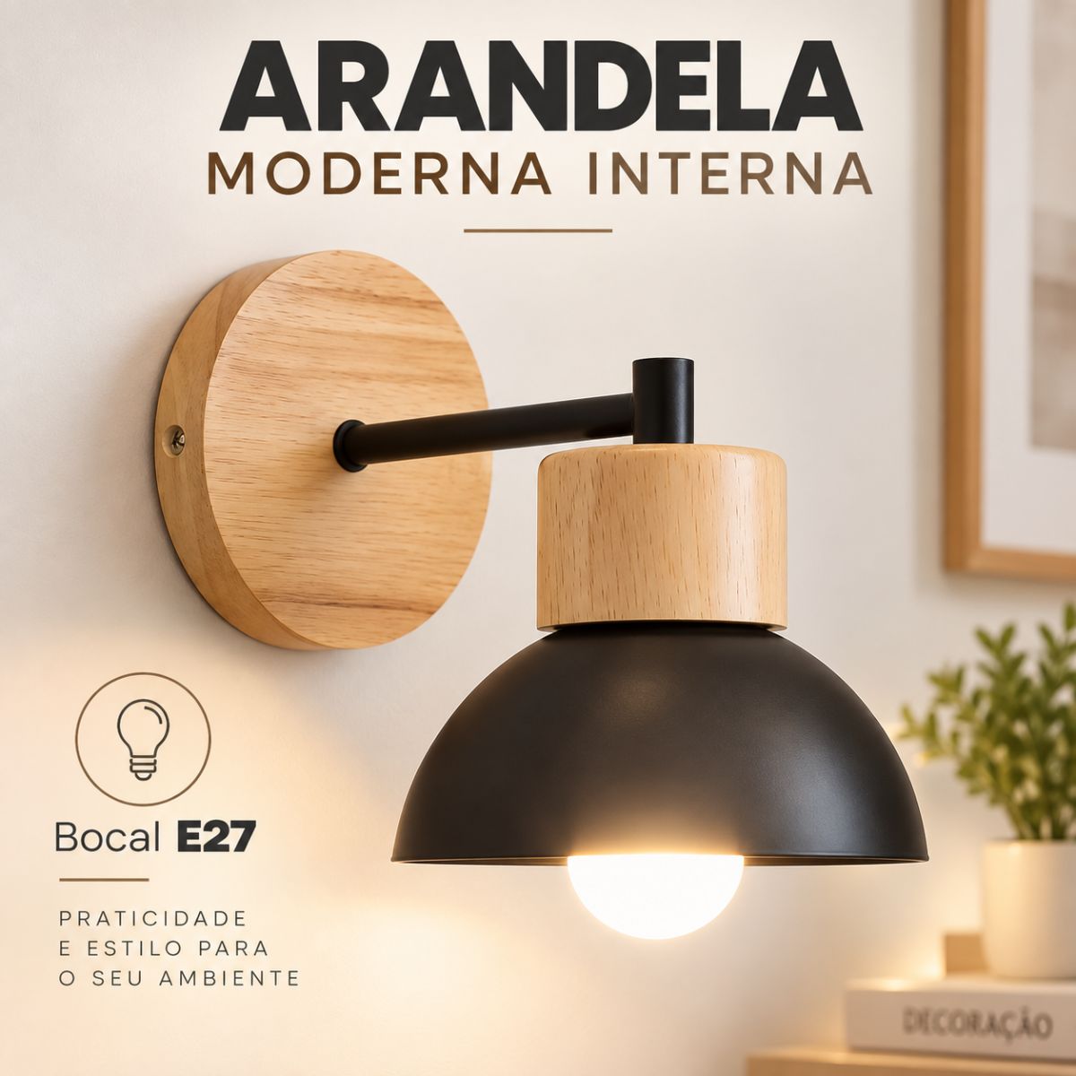 Arandela de Parede Madeira e Metal Branco E27 Moderna