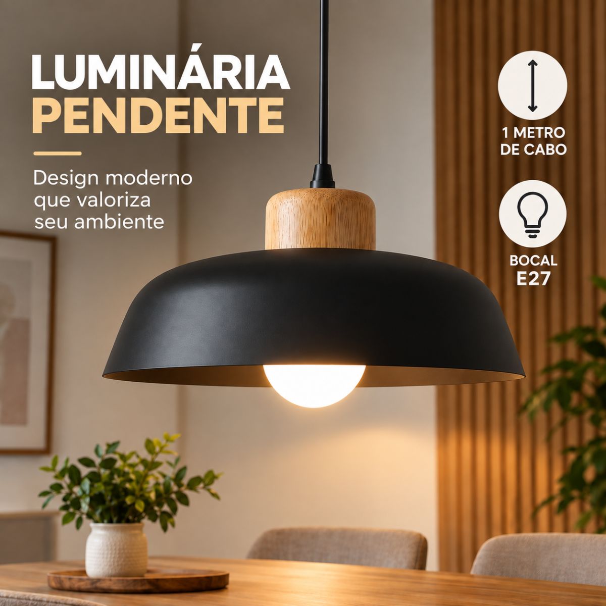 Luminária Pendente Nórdica 30cm em Metal e Madeira E27