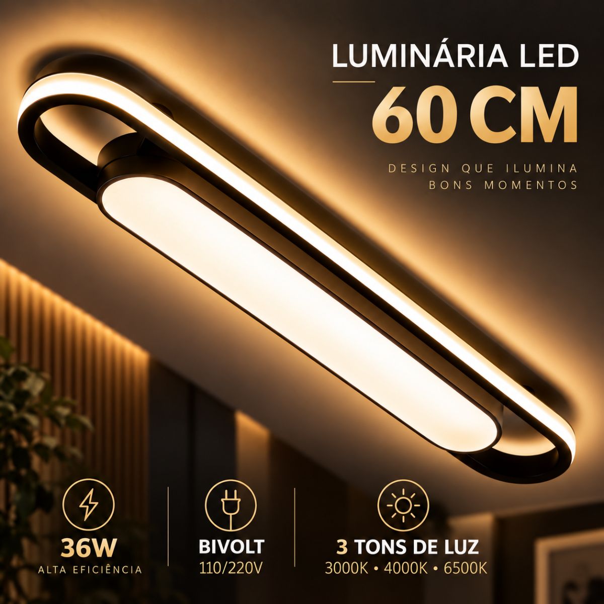 Luminária LED Sobrepor Ark 60cm 3 em 1 Moderna