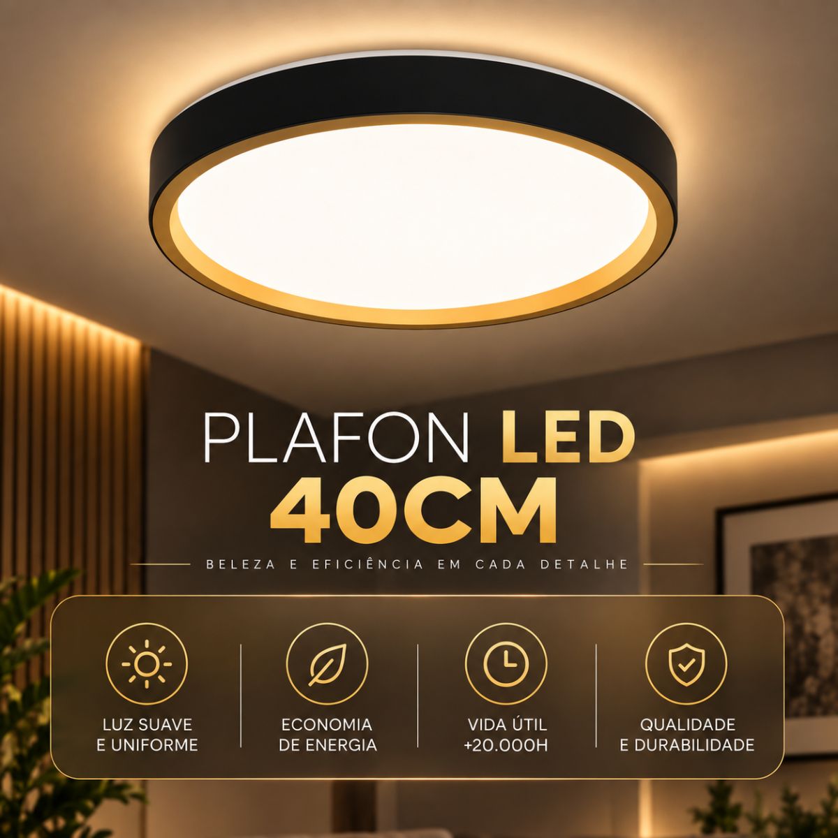 Plafon LED 36W 40cm 3 Tons de Luz com Função Memória