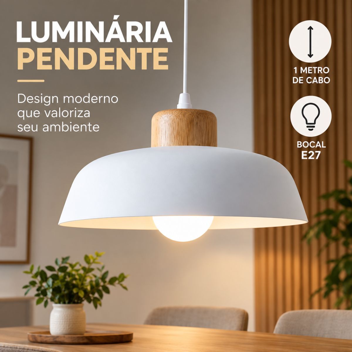 Luminária Pendente Nórdica 30cm em Metal e Madeira E27