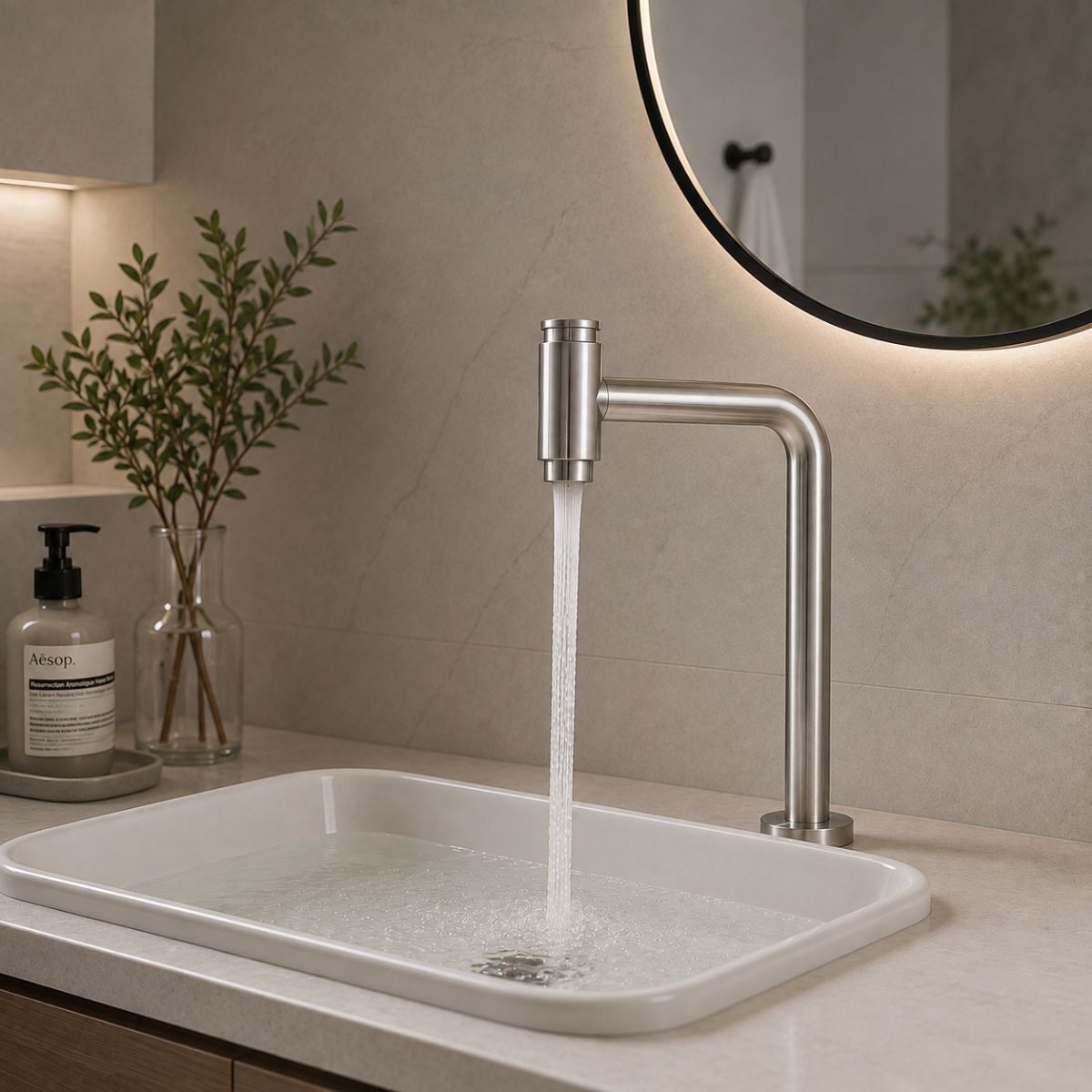 Torneira de Bancada Alta Push em Aço Inox com Bica 360° Moderna