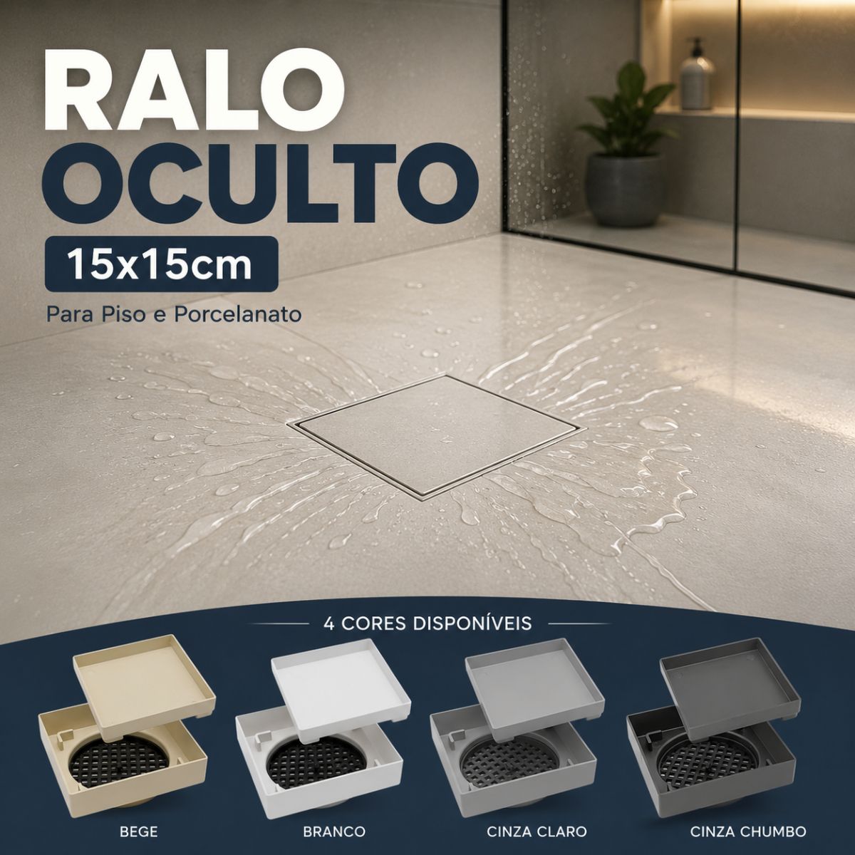 Ralo Oculto 15x15cm para Porcelanato com Tela Anti-Insetos