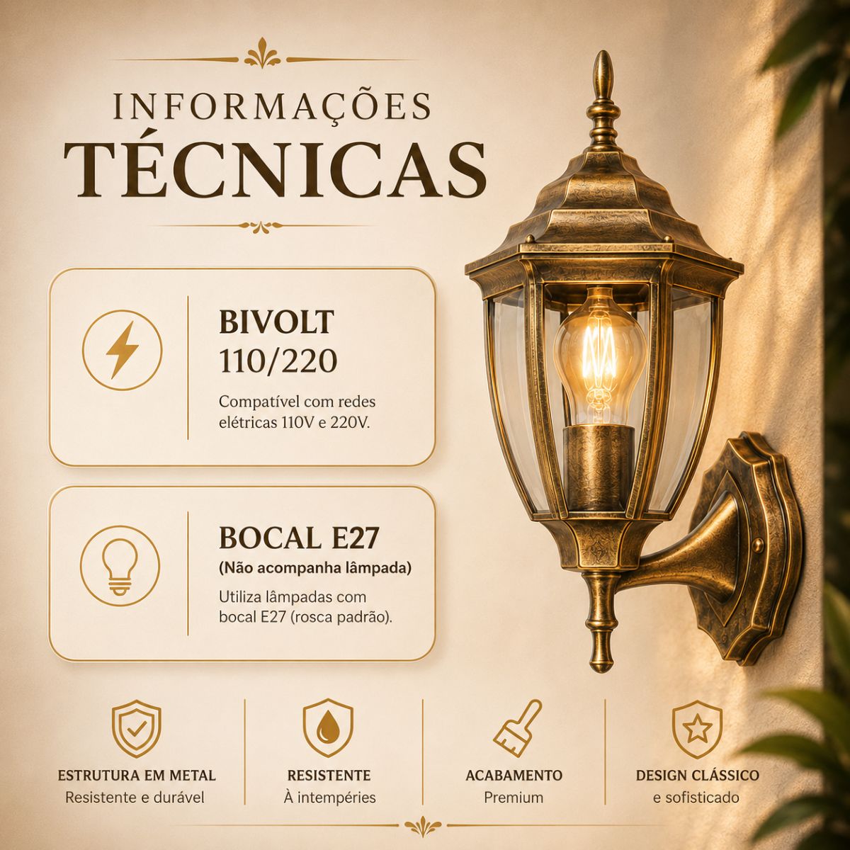 Arandela Colonial de Parede Alumínio e Vidro E27 Externa