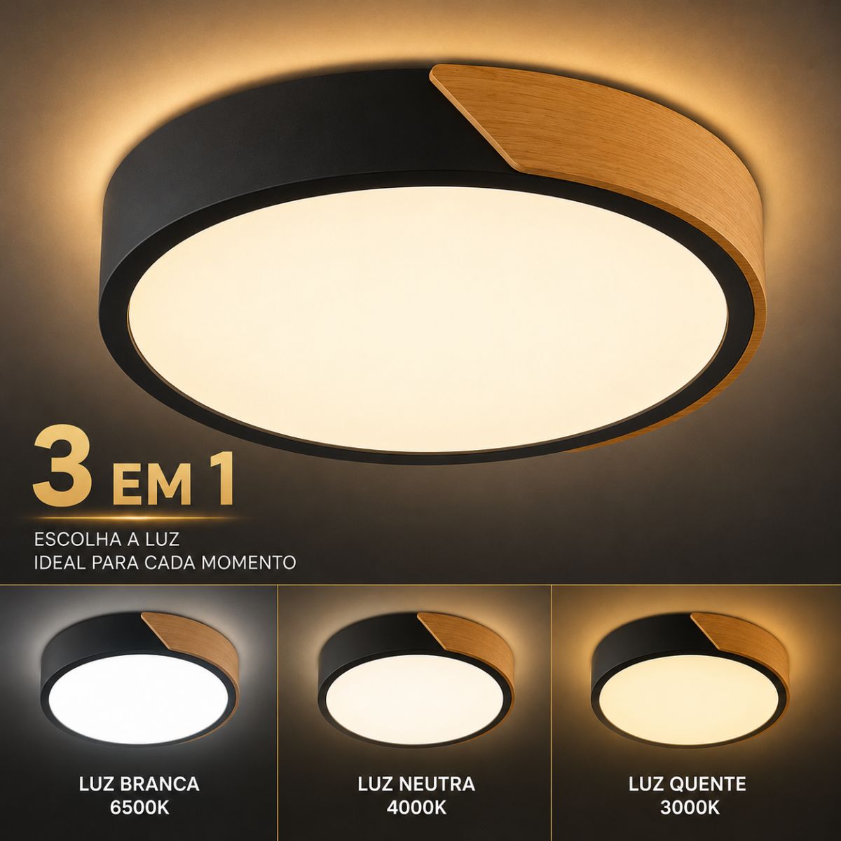 Plafon LED Redondo Slim 30cm 24W Bivolt 3 Cores Madeira