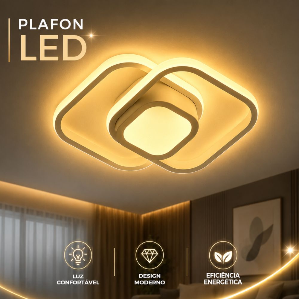 Luminária Plafon LED Quadrado Duplo 26W Bivolt Estrutura Branco