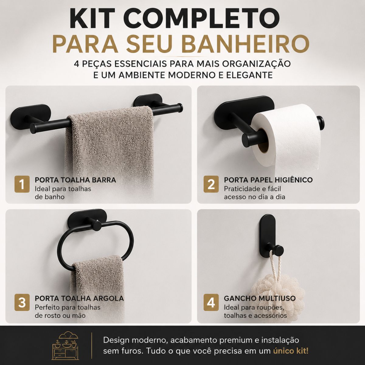 Kit Acessorios Banheiro Preto c/ Adesivo 4pçs