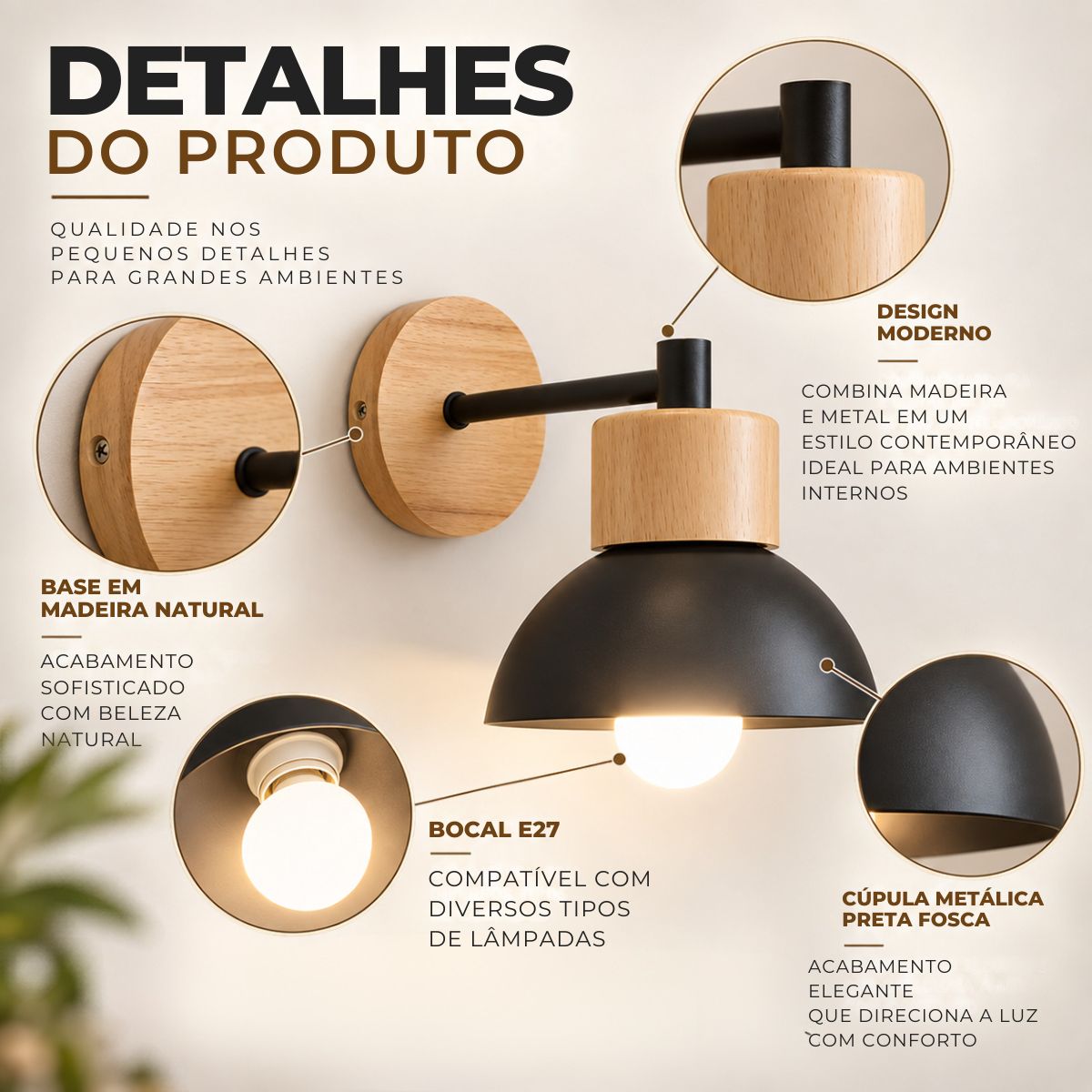 Arandela de Parede Madeira e Metal Branco E27 Moderna