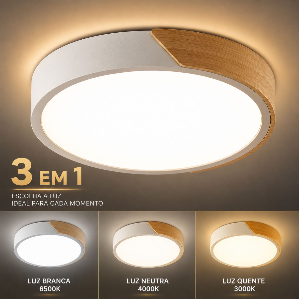 Plafon LED Redondo Slim 30cm 24W Bivolt 3 Cores Madeira