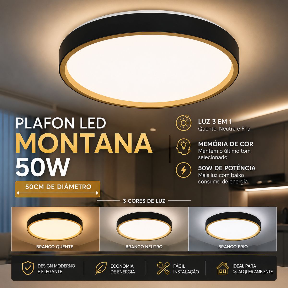 Plafon LED Montana 50W 50cm Bivolt 3 Cores Moderna