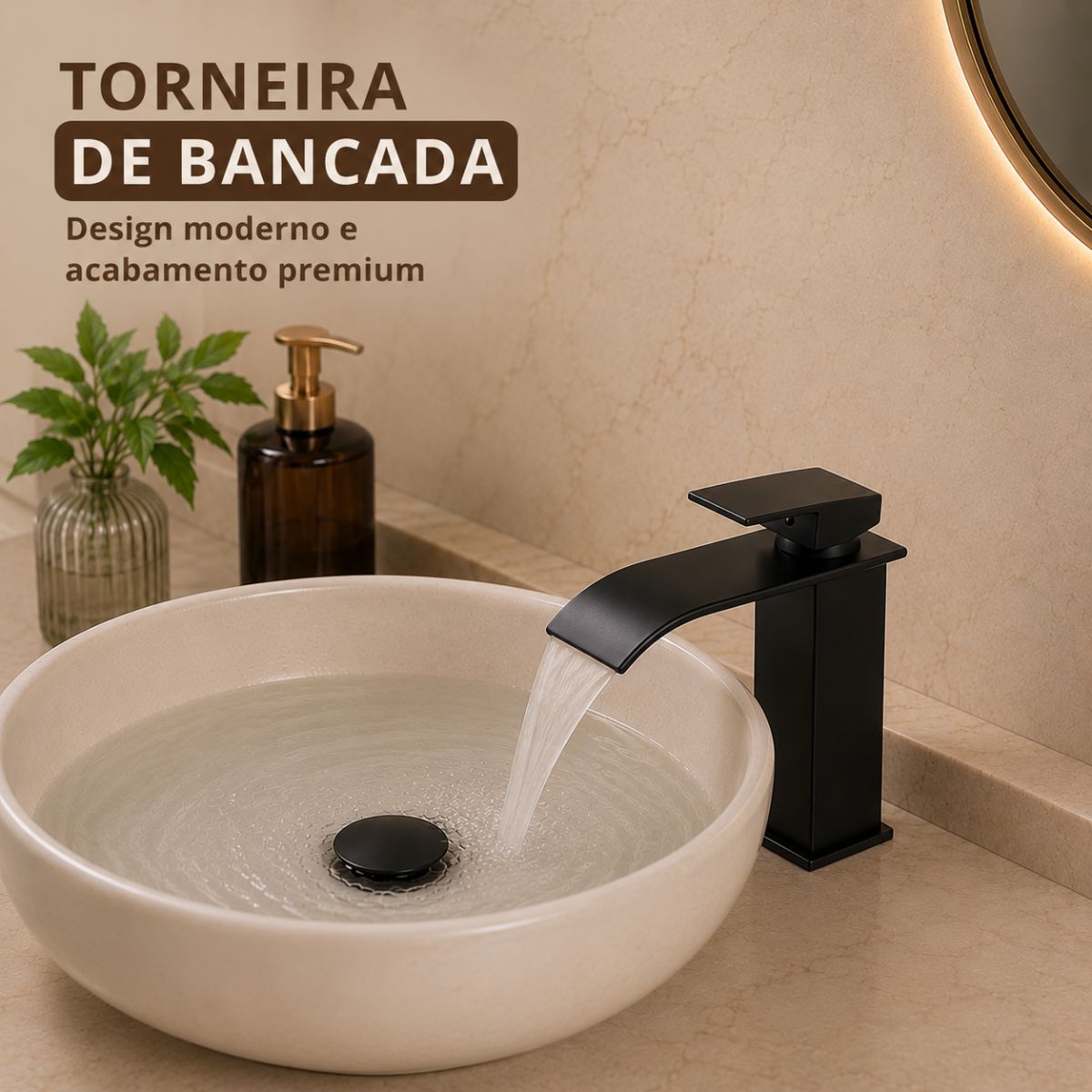 Torneira Bancada Quadrada Bica Curva Preta - Modelo Turin
