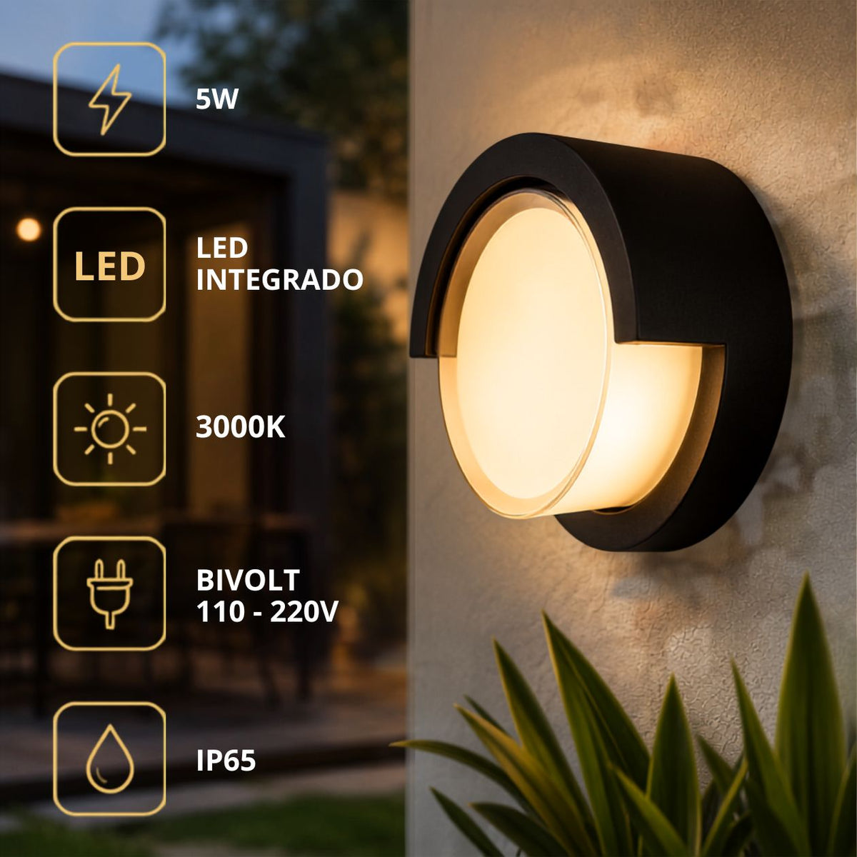 Arandela LED Redonda 5W Preta IP65 Branco Quente 3000K