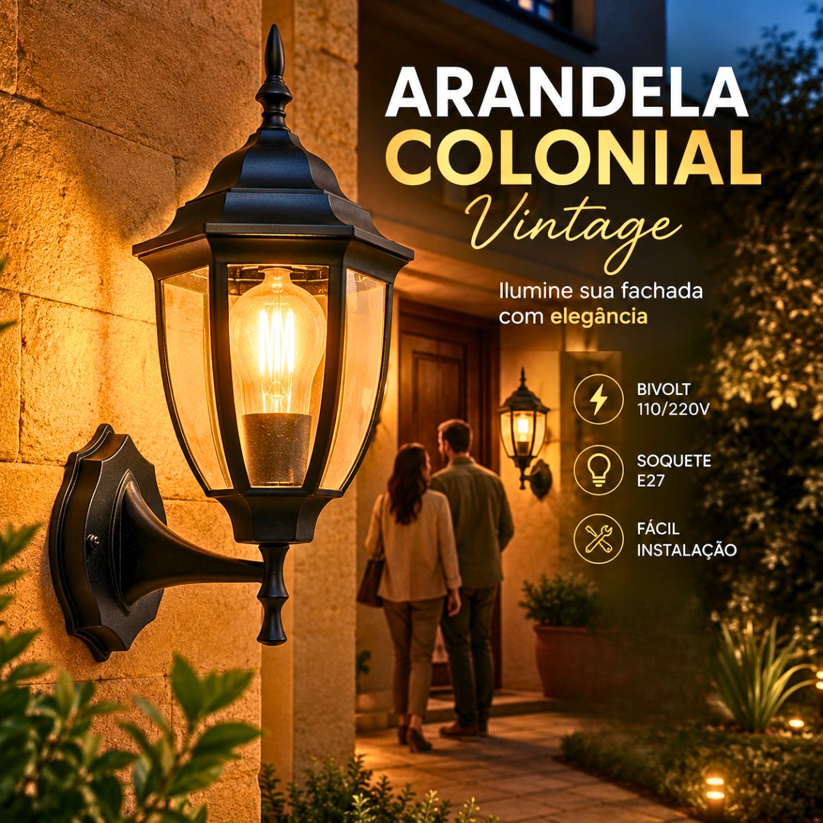 Arandela Vintage Parede Grande Cor Preta - Modelo Colonial