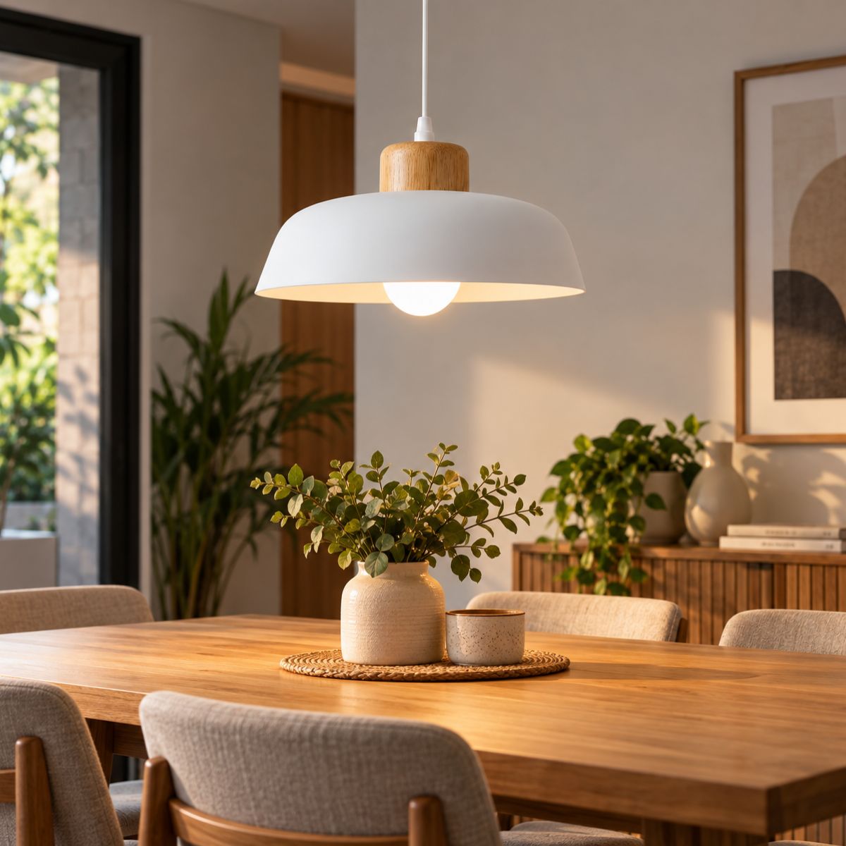 Luminária Pendente Nórdica 30cm em Metal e Madeira E27