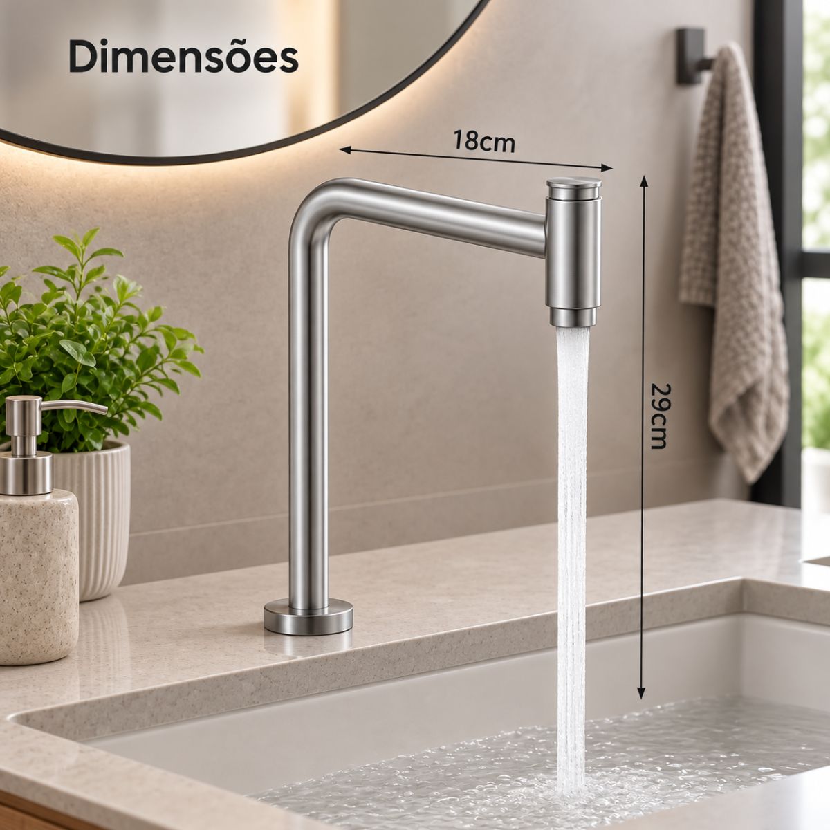 Torneira de Bancada Alta Push em Aço Inox com Bica 360° Moderna