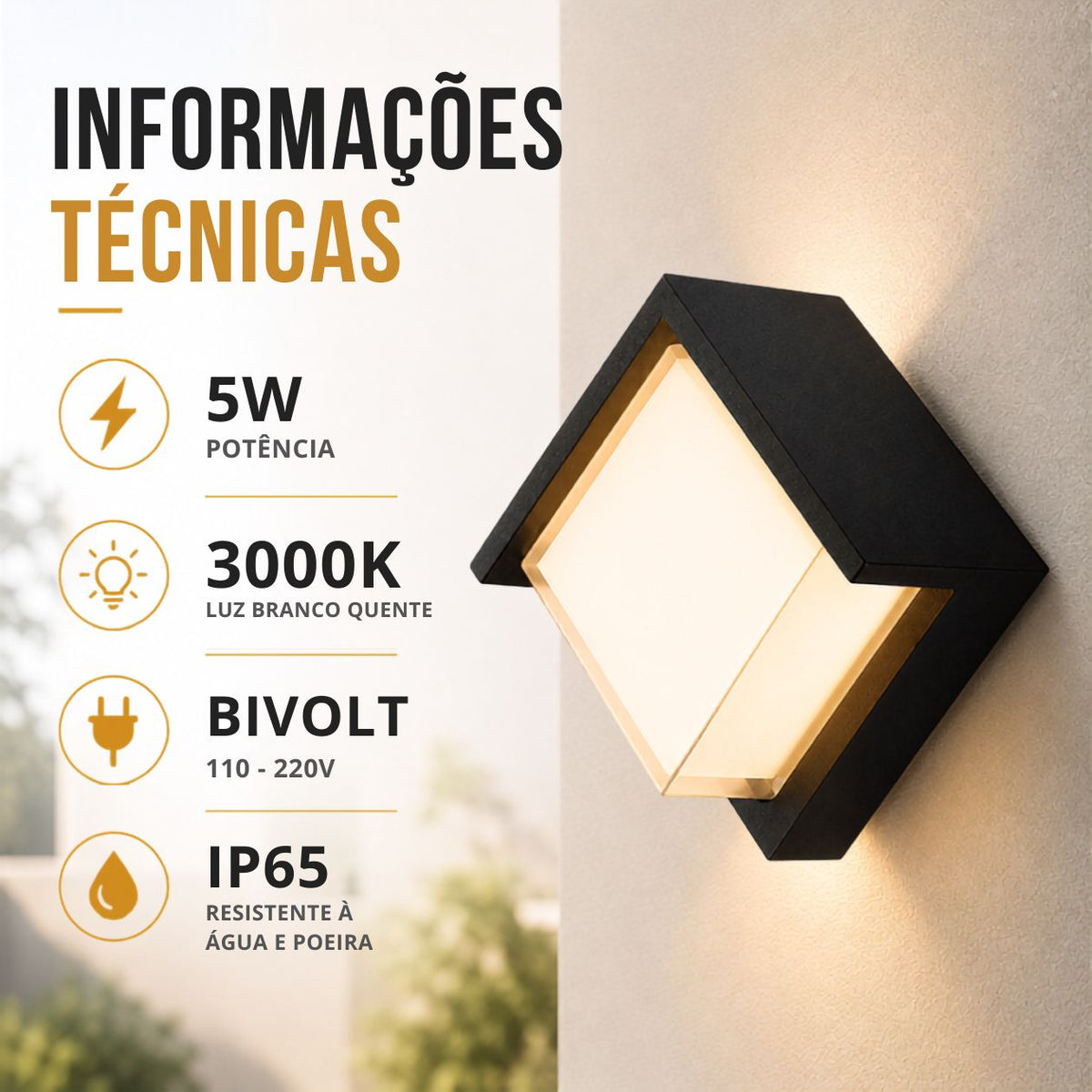Arandela LED Quadrada 5W Preta IP65 Bivolt