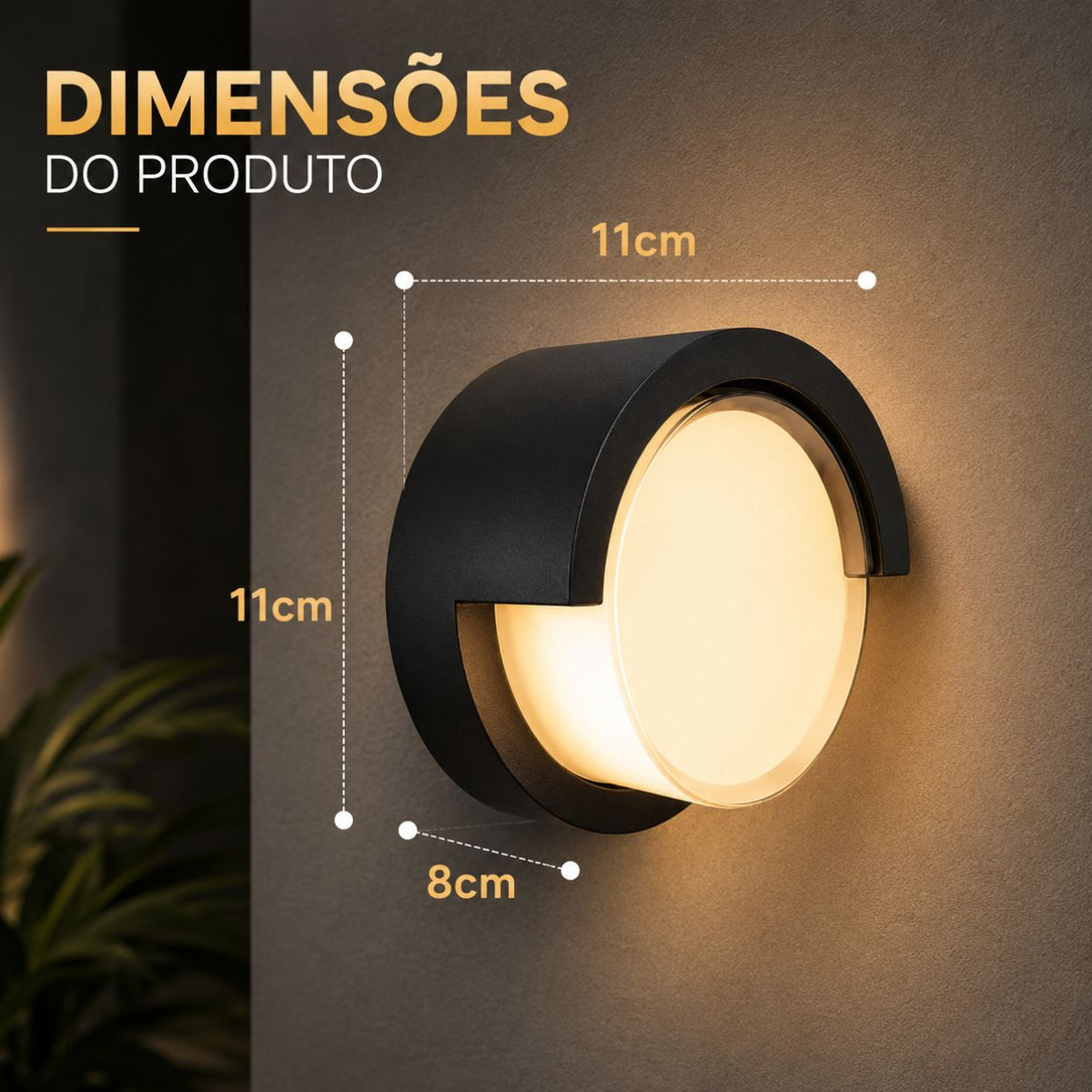 Arandela LED Redonda 5W Preta IP65 Branco Quente 3000K