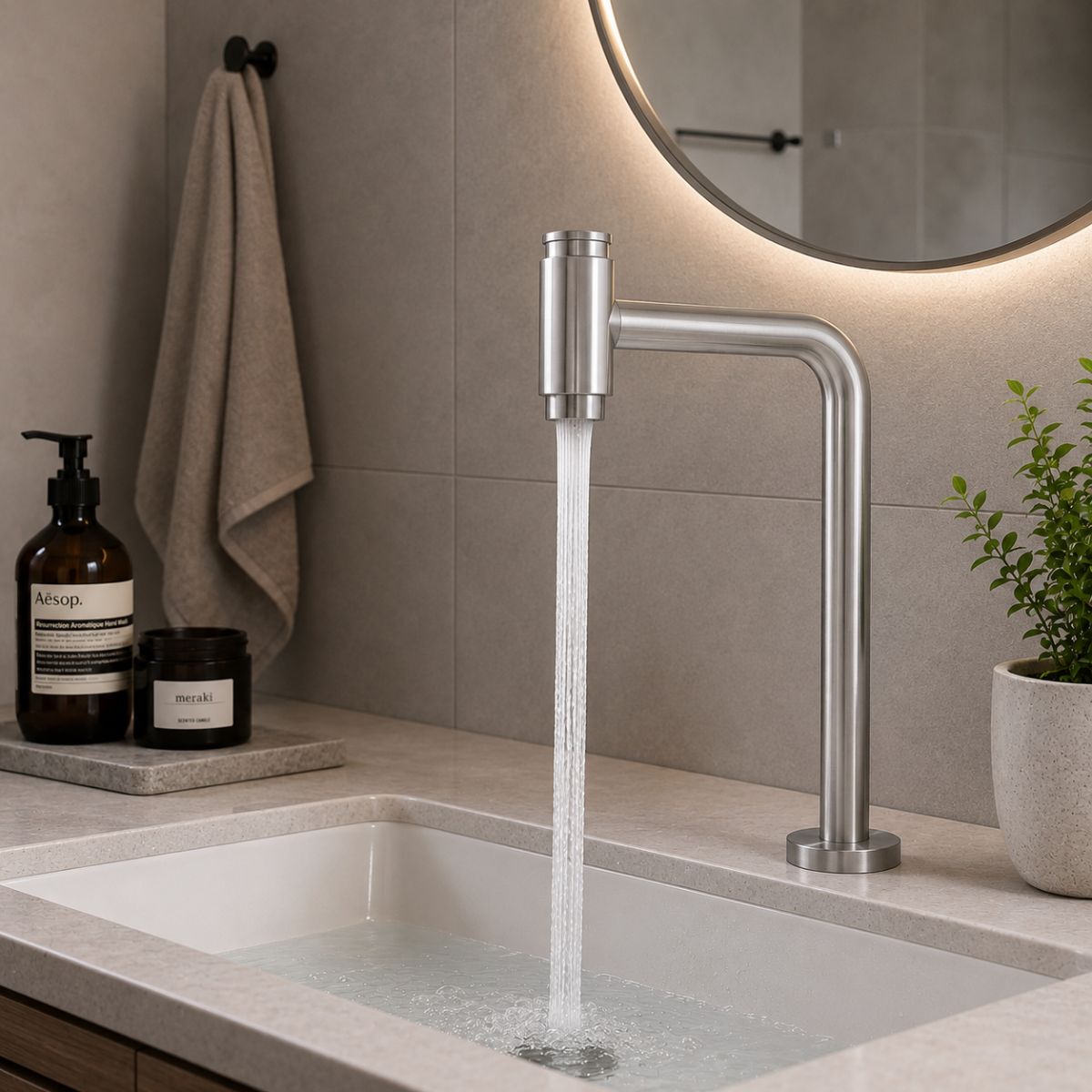 Torneira de Bancada Alta Push em Aço Inox com Bica 360° Moderna