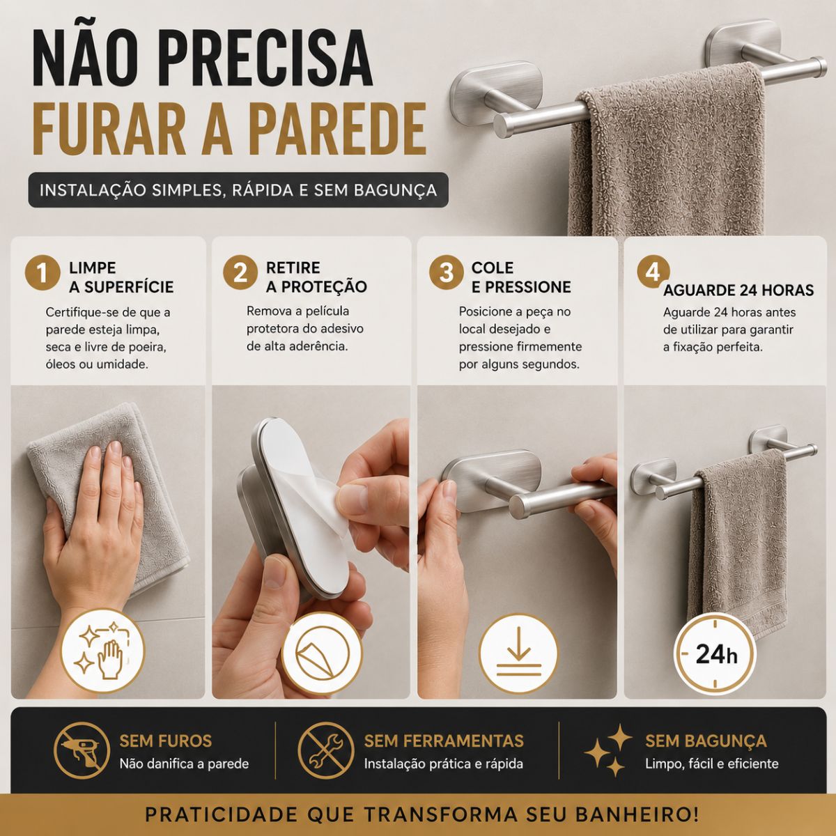 Kit Acessorios Banheiro c/ Adesivo 4pçs - CROMADO FOSCO