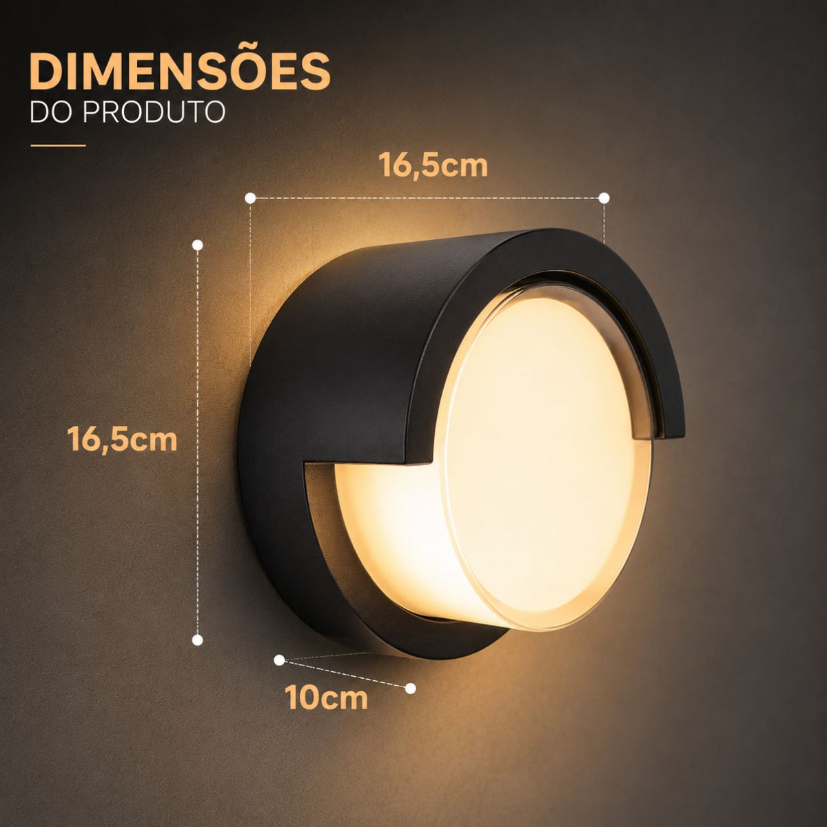 Arandela LED Redonda 12W Preta IP65 Branco Quente 3000K