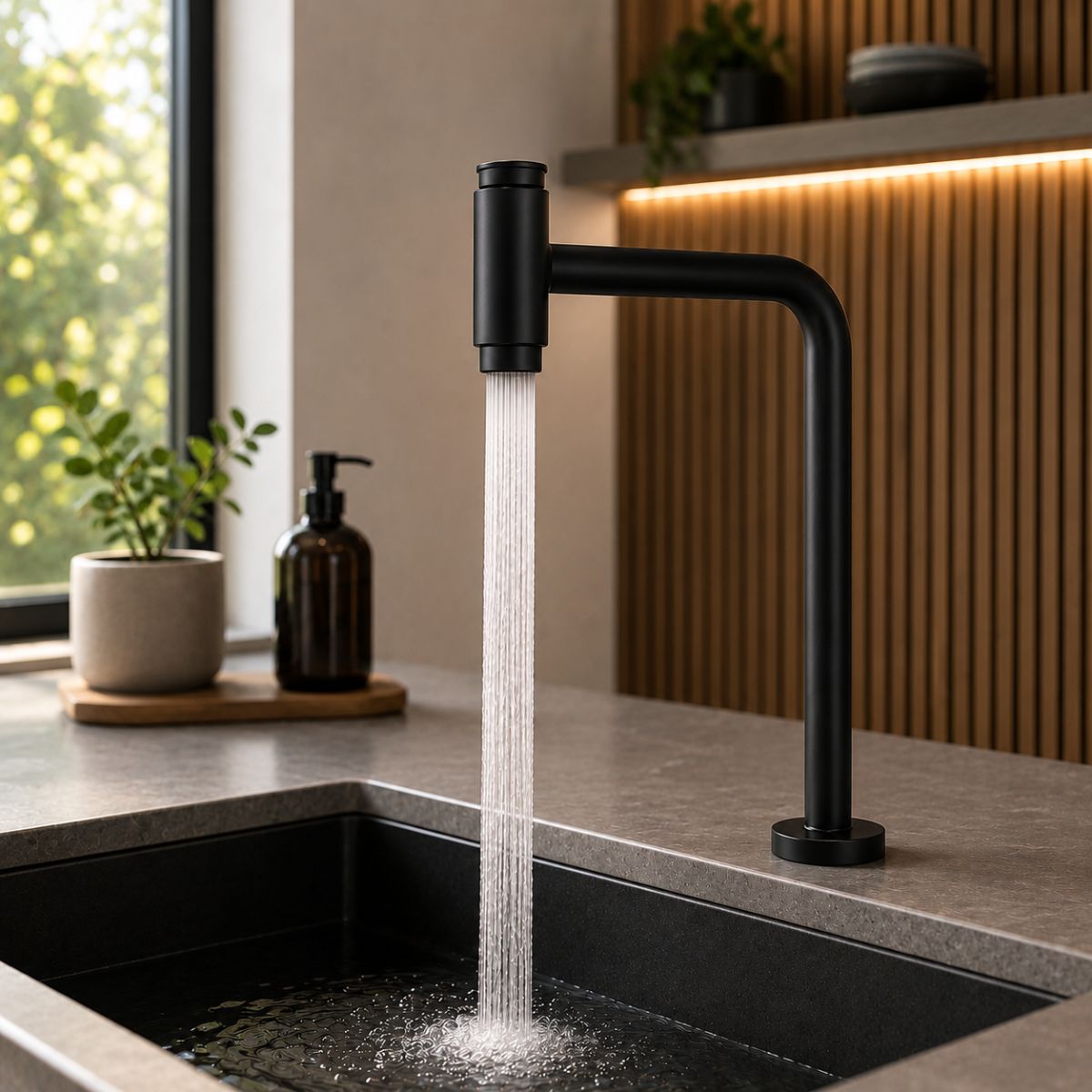 Torneira de Mesa Push em Aço Inox com Bica Alta Giratória 360°