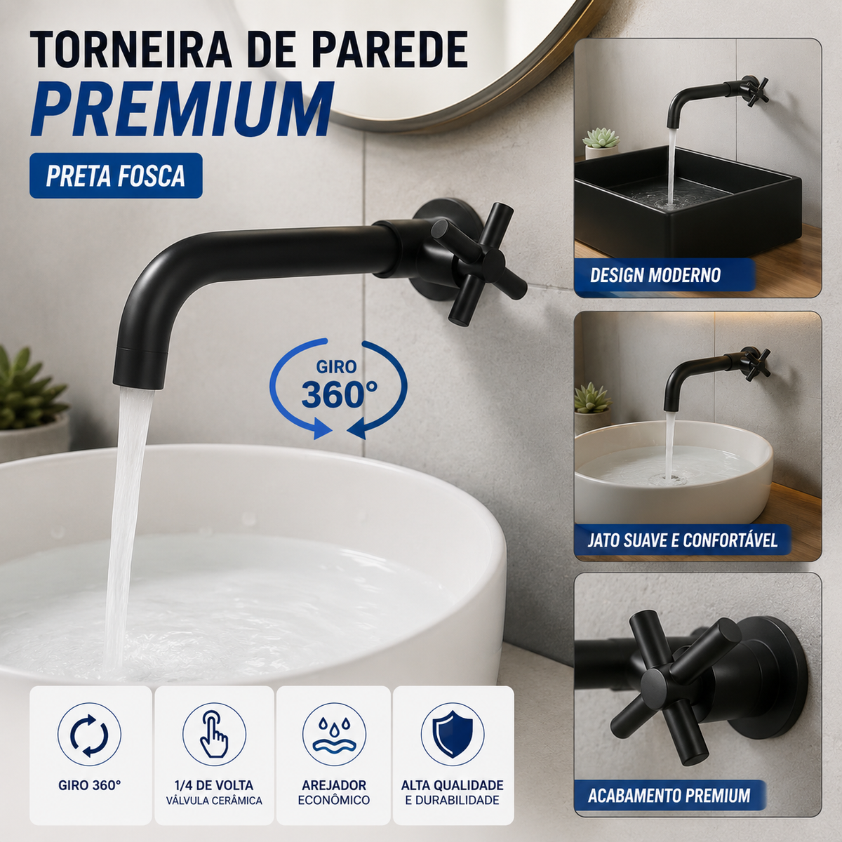 Torneira Parede - Modelo Izy - Preta