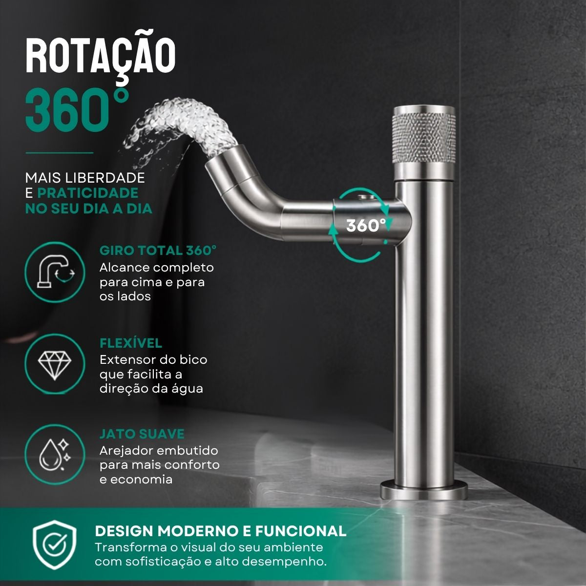 Torneira Bancada - Modelo Vetro - Cromada Fosco