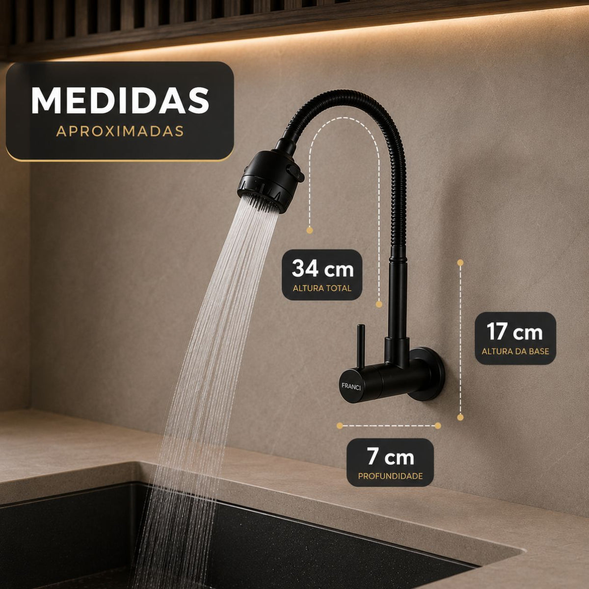 Torneira Parede Gourmet - Modelo Rain - Preta