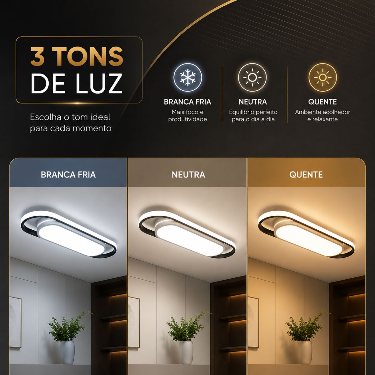 Luminária LED de Teto Modelo Ark 40cm 23W 3 Cores Bivolt